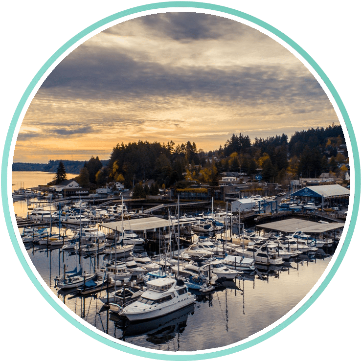 Gig Harbor, Washington waterfront and marina near Tacoma Narrows Airport (TIW).